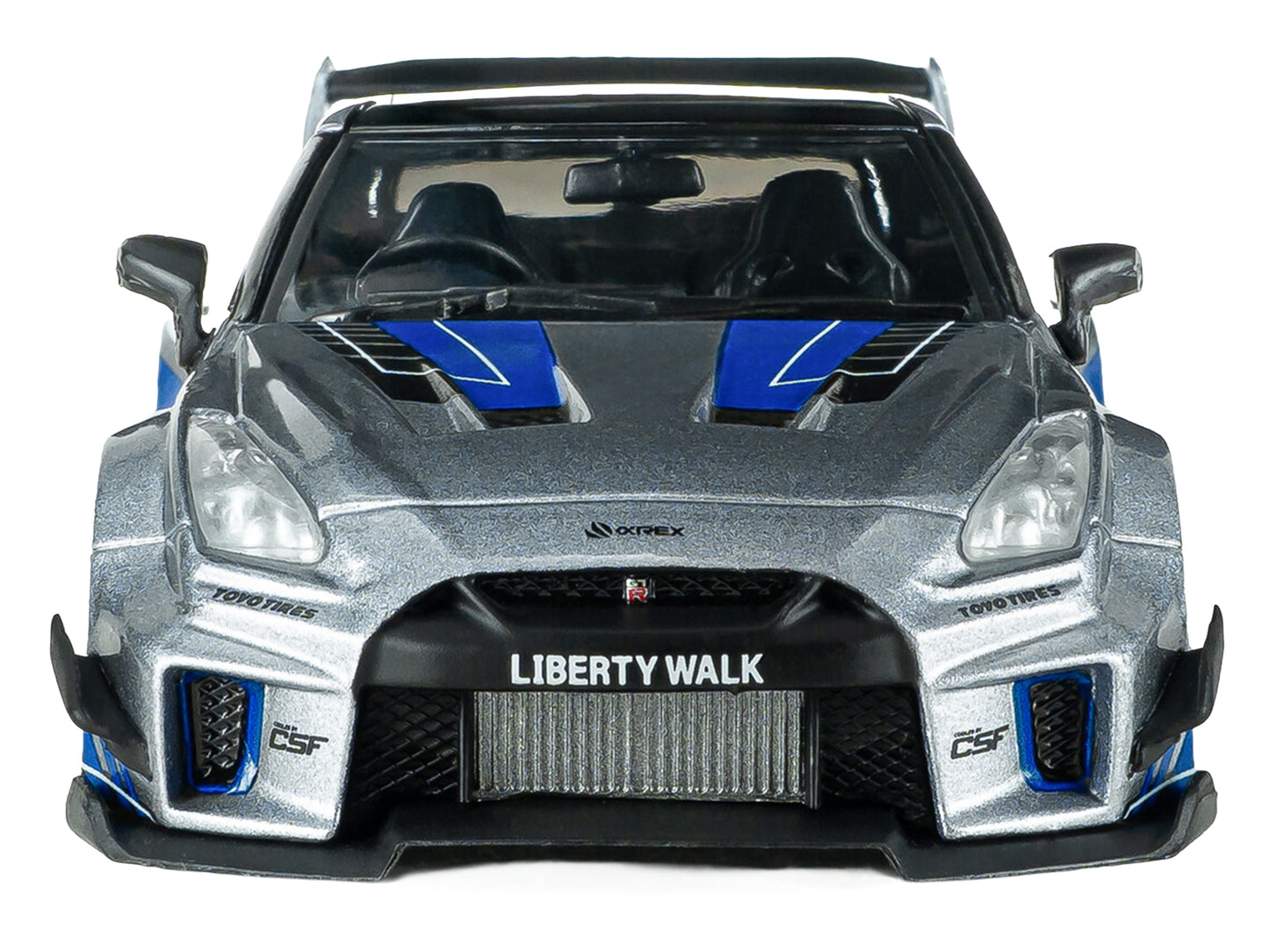 2020 Nissan GT-R (R35) Liberty Walk Silhouette RHD (Right Hand Drive) Silver Metallic with Black Top and Blue Graphics 1/43 Diecast Model Car by Solido