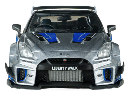 2020 Nissan GT-R (R35) Liberty Walk Silhouette RHD (Right Hand Drive) Silver Metallic with Black Top and Blue Graphics 1/43 Diecast Model Car by Solido