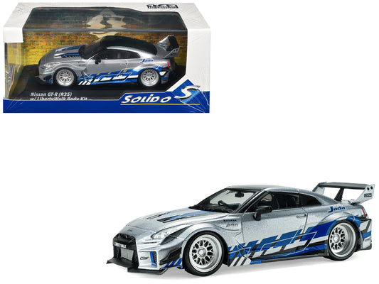 2020 Nissan GT-R (R35) Liberty Walk Silhouette RHD (Right Hand Drive) Silver Metallic with Black Top and Blue Graphics 1/43 T&y Diecast Model Car by Solido