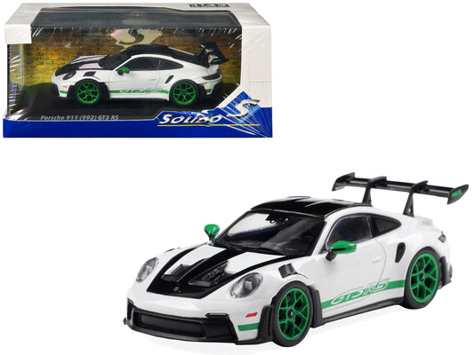 2023 Porsche 911 (992) GT3 RS "Tribute to Carrera RS Package" White with Green Stripes and Black Hood and Top 1/43 T&y Diecast Model Car by Solido