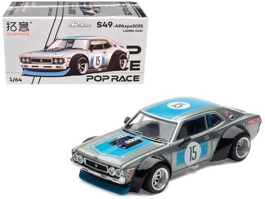 Datsun Laurel C130 RHD (Right Hand Drive) #15 Raw Metal with Blue Stripes "APA XPO 2025 Exclusive" 1/64 T&y Diecast Model Car by Pop Race