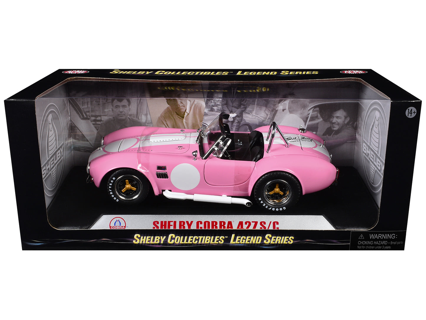 1965 Shelby Cobra 427 S/C Pink with White Stripes with Printed Carroll Shelby Signature's on the Trunk 1/18 Diecast Model Car by Shelby Collectibles