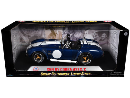 1965 Shelby Cobra 427 S/C Dark Blue Metallic with White Stripes with Printed Carroll Shelby's Signature on the Trunk 1/18 Diecast Model Car by Shelby Collectibles