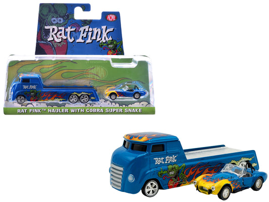 Shelby Cobra Super Snake Blue Metallic with Flames and Custom "Rat Fink" Hauler Blue Metallic with Flames and Graphics 1/64 T&y Diecast Model Cars by ACME