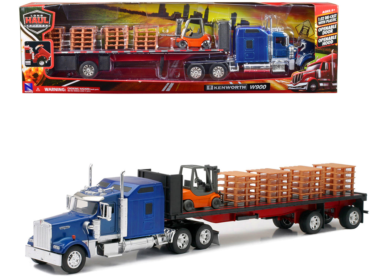 Kenworth W900 Truck Flatbed Trailer Blue Forklift 1/32 Diecast Model - New Ray