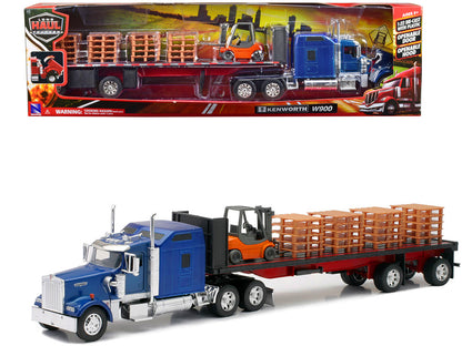 Kenworth W900 Truck Flatbed Trailer Blue Forklift 1/32 Diecast Model - New Ray