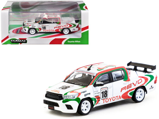 T&yota Hilux Pickup Truck RHD (Right Hand Drive) #18 White with Red and Green Graphics "Hobby64" Series 1/64 T&y Diecast Model Car by Tarmac Works