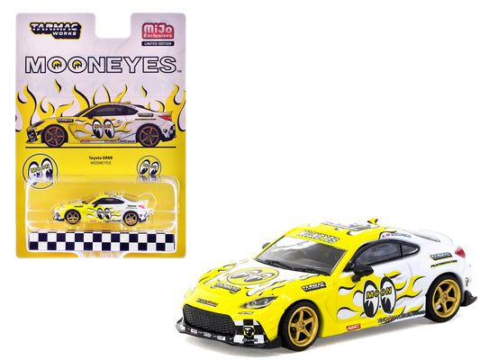 T&yota GR86 RHD (Right Hand Drive) "MoonEyes" White with Yellow Flames and Graphics "Global64" Series 1/64 T&y Diecast Model by Tarmac Works