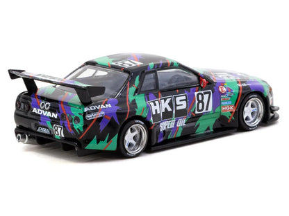 Nissan Skyline (R32) Widebody RHD (Right Hand Drive) #87 "HKS - Designed by Jon Sibal" Black with Graphics with Tarmac Cards "Global64" Series 1/64 Diecast Model Car by Tarmac Works
