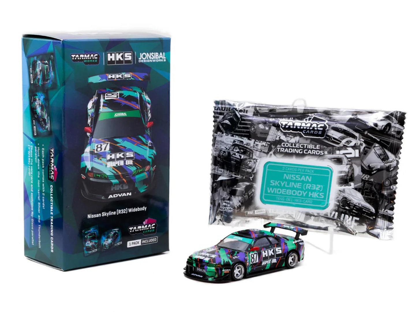 Nissan Skyline (R32) Widebody RHD (Right Hand Drive) #87 "HKS - Designed by Jon Sibal" Black with Graphics with Tarmac Cards "Global64" Series 1/64 Diecast Model Car by Tarmac Works