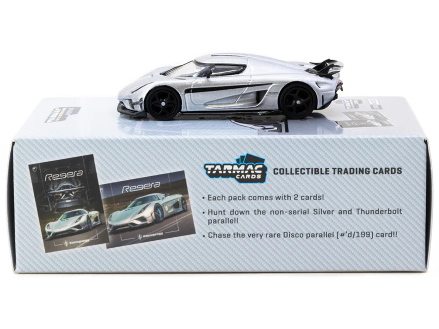 Koenigsegg Regera Silver Metallic with Blue Accents and Collectible Tarmac Cards "Global64" Series 1/64 Diecast Model Car by Tarmac Works