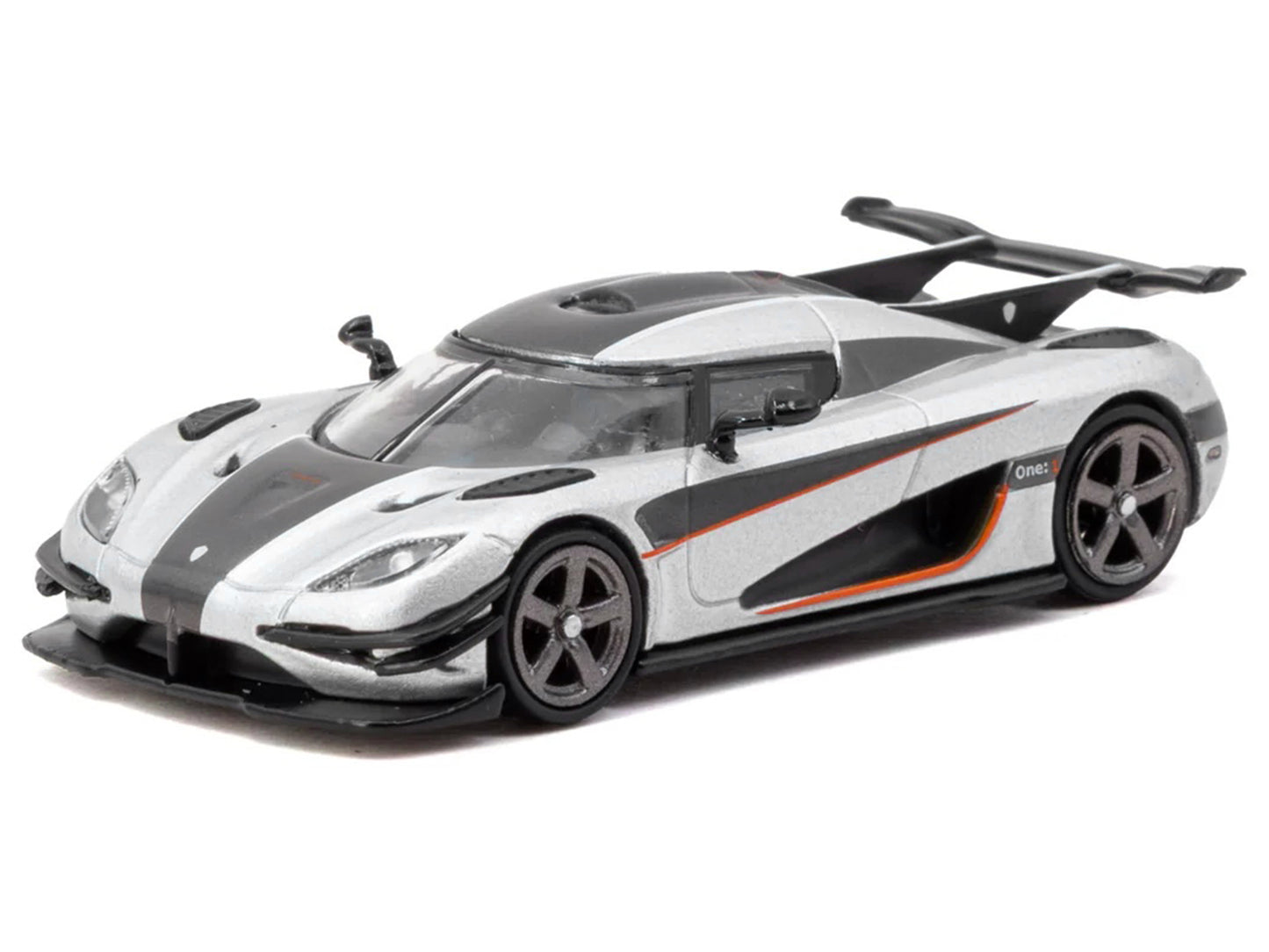 Koenigsegg One:1 Silver Metallic with Black Stripes "Global64" Series 1/64 T&y Diecast Model Car by Tarmac Works