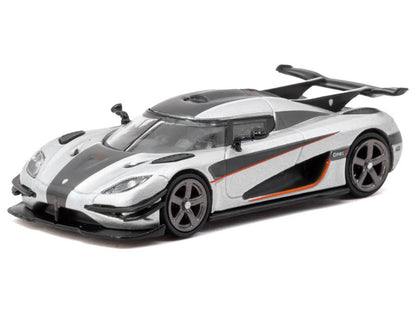 Koenigsegg One:1 Silver Metallic with Black Stripes "Global64" Series 1/64 T&y Diecast Model Car by Tarmac Works