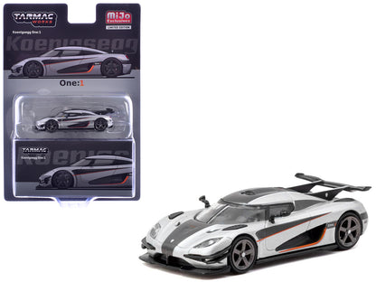 Koenigsegg One:1 Silver Metallic with Black Stripes "Global64" Series 1/64 T&y Diecast Model Car by Tarmac Works