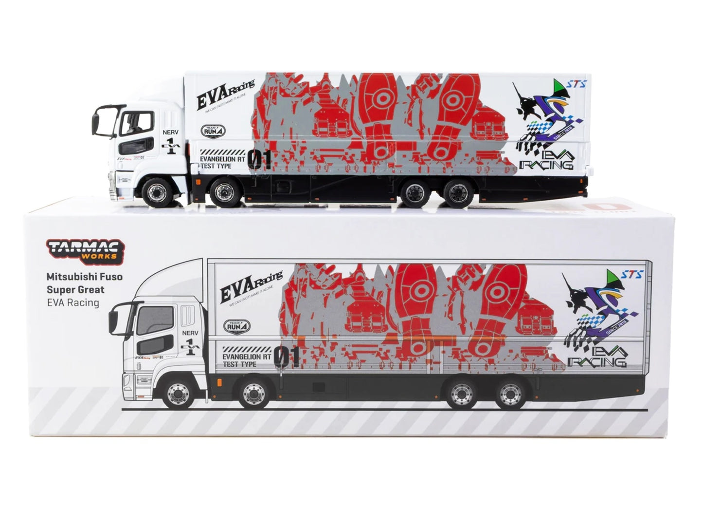 Mitsubishi Fuso Super Great Truck with Transporter "EVA Racing" White with Graphics "Truck64" Series 1/64 Diecast Model Car by Tarmac Works