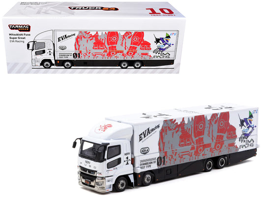 Mitsubishi Fuso Super Great Truck with Transporter "EVA Racing" White with Graphics "Truck64" Series 1/64 T&y Diecast Model Car by Tarmac Works