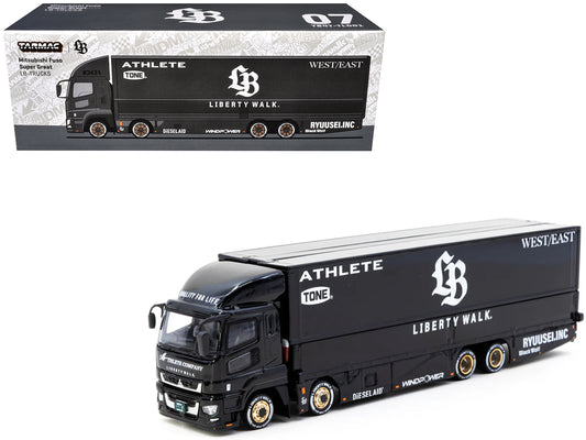 Mitsubishi Fuso Super Great Truck RHD (Right Hand Drive) with Transporter "Liberty Walk" Black "Truck64" Series 1/64 T&y Diecast Model Car by Tarmac Works