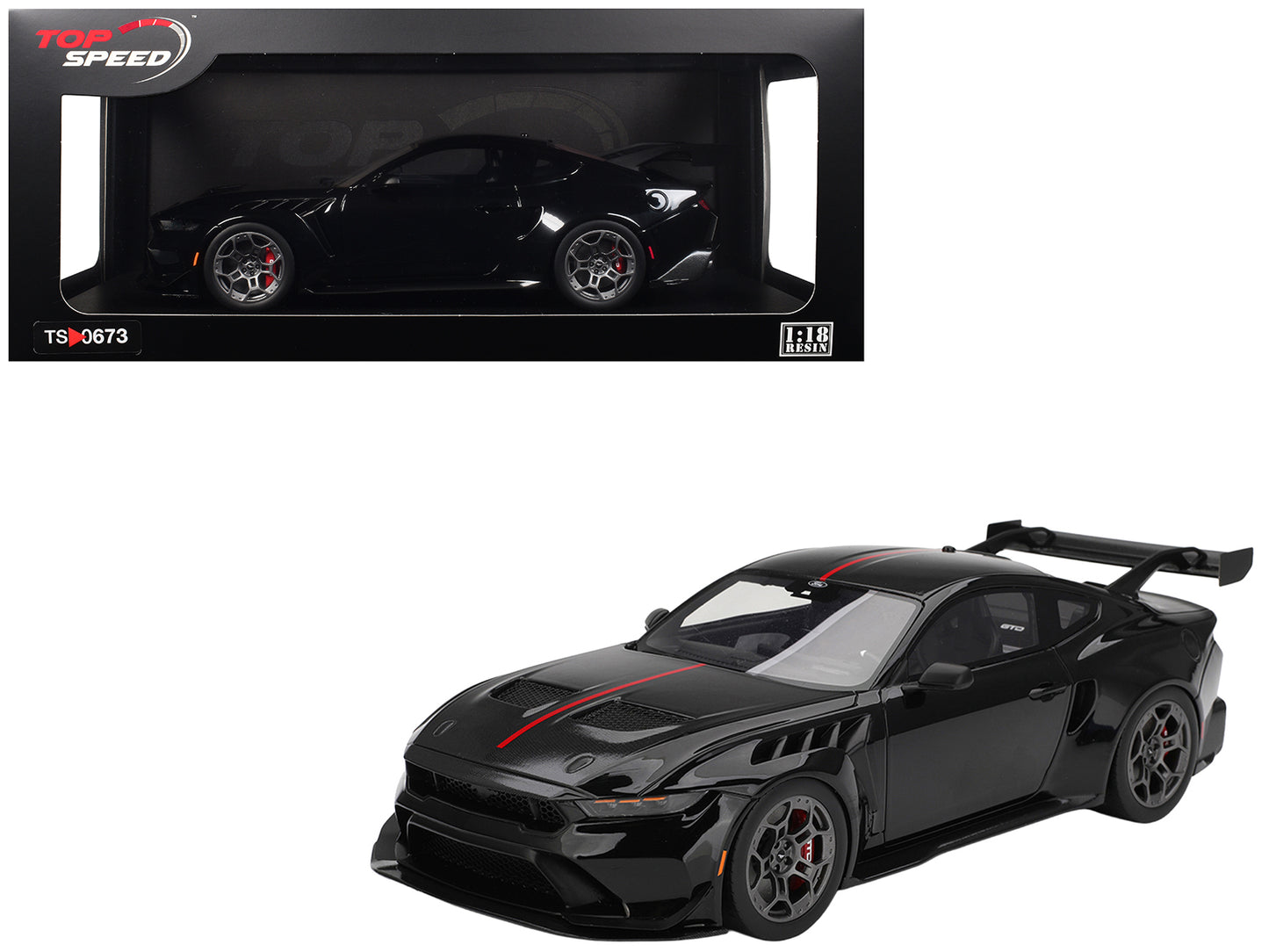 Ford Mustang GTD Shadow Black with Red Stripe 1/18 Model Car by Top Speed