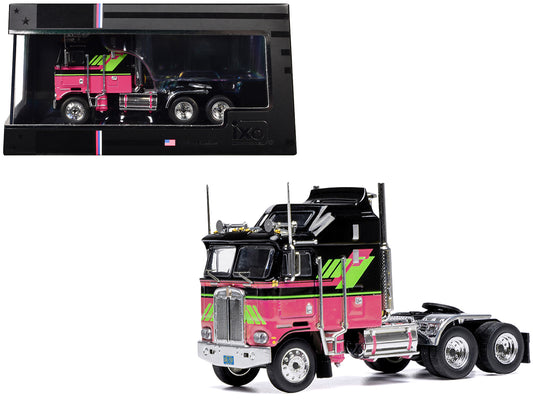 1976 Kenworth K100 Aerodyne Truck Tractor Black and Pink with Graphics 1/64 T&y Diecast Model by IXO Models