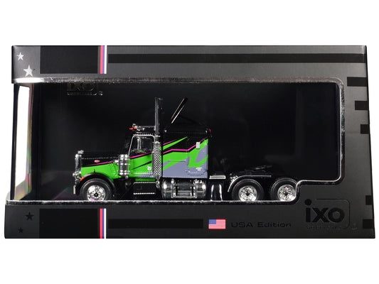 1973 Peterbilt 359 Truck Tractor Black and Lime Green with Graphics 1/64 T&y Diecast Model by IXO Models