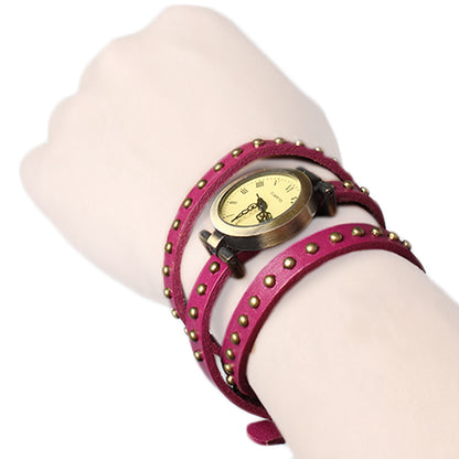 Fashionable Rivet Leather Belt Retro Watch Hand Chain-Pink Co