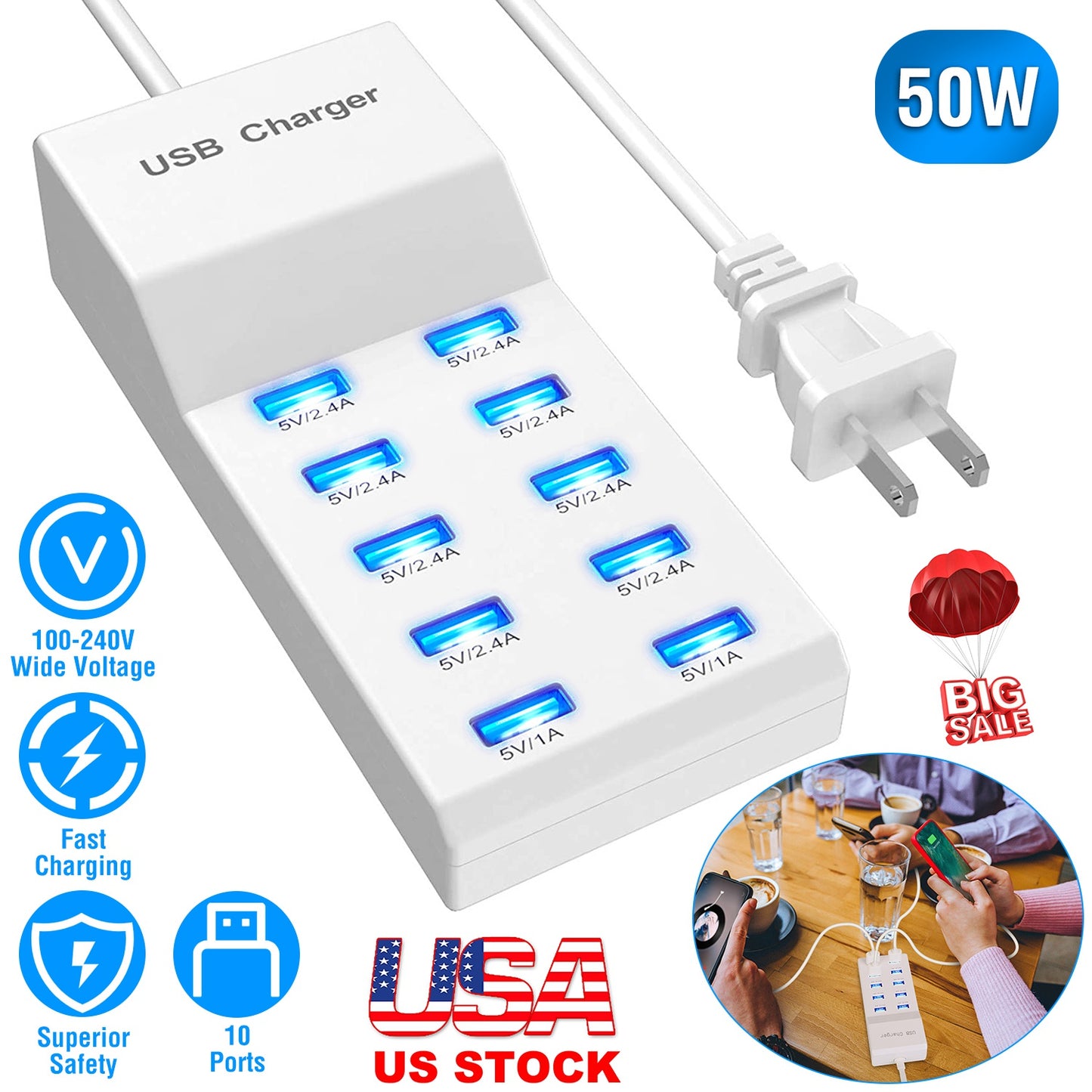 10 Ports Usb Charging Station Hub 50W Wall Charger Power Adapter For Phone