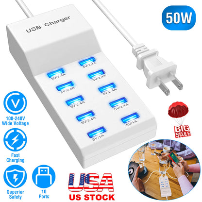 10 Ports Usb Charging Station Hub 50W Wall Charger Power Adapter For Phone