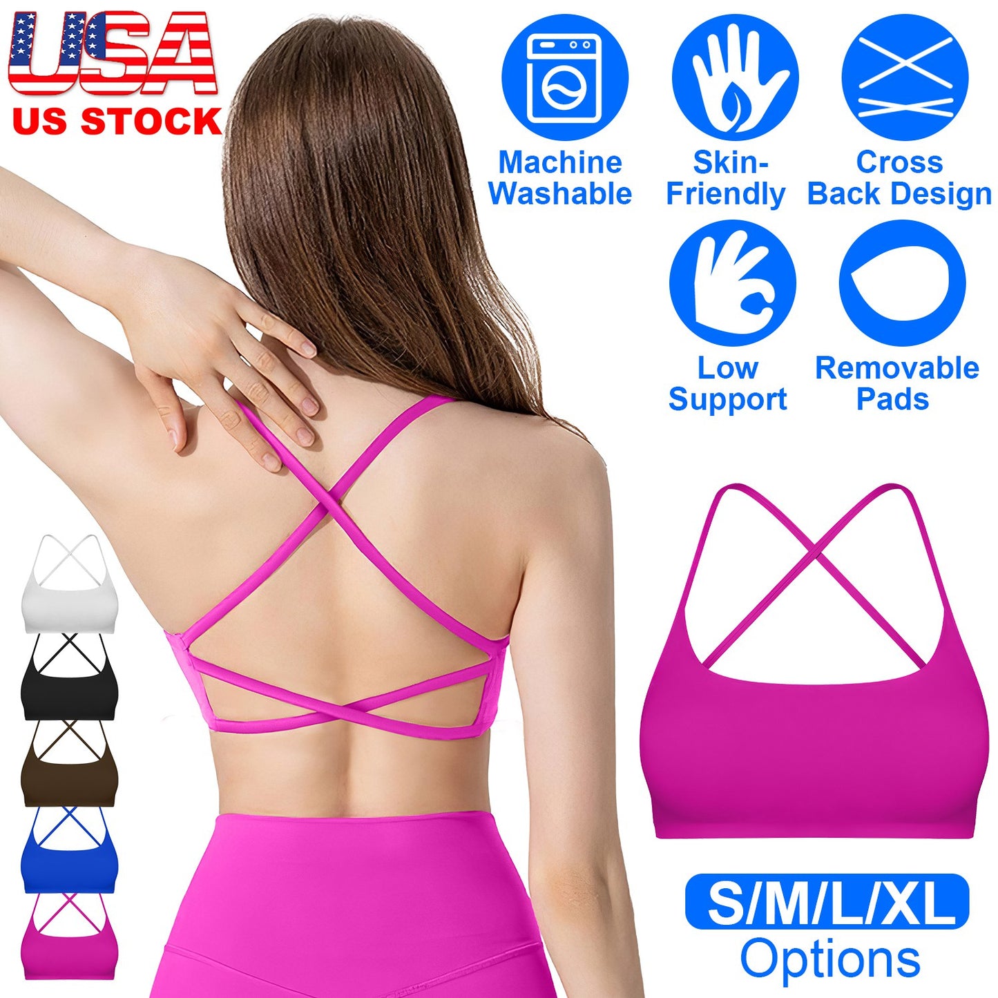 Women Cross Back Sport Bras Padded Strappy Crop Open Low Impact Sexy Fitness Ta