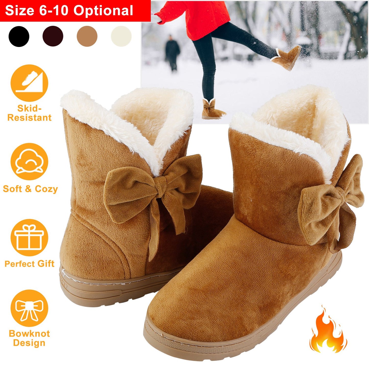 Women Ladies Snow Boots Super Soft Fabric Mid-Calf Winter Shoes Thickened Plush