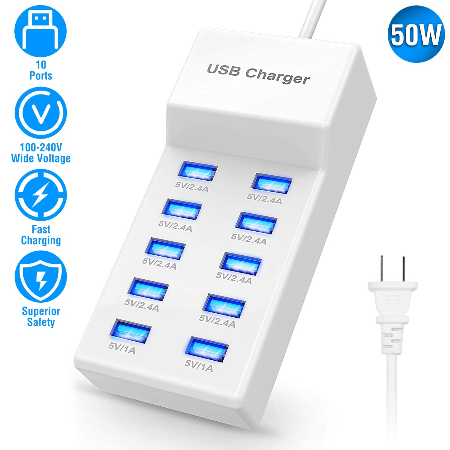 10 Ports Usb Charging Station Hub 50W Wall Charger Power Adapter For Phone