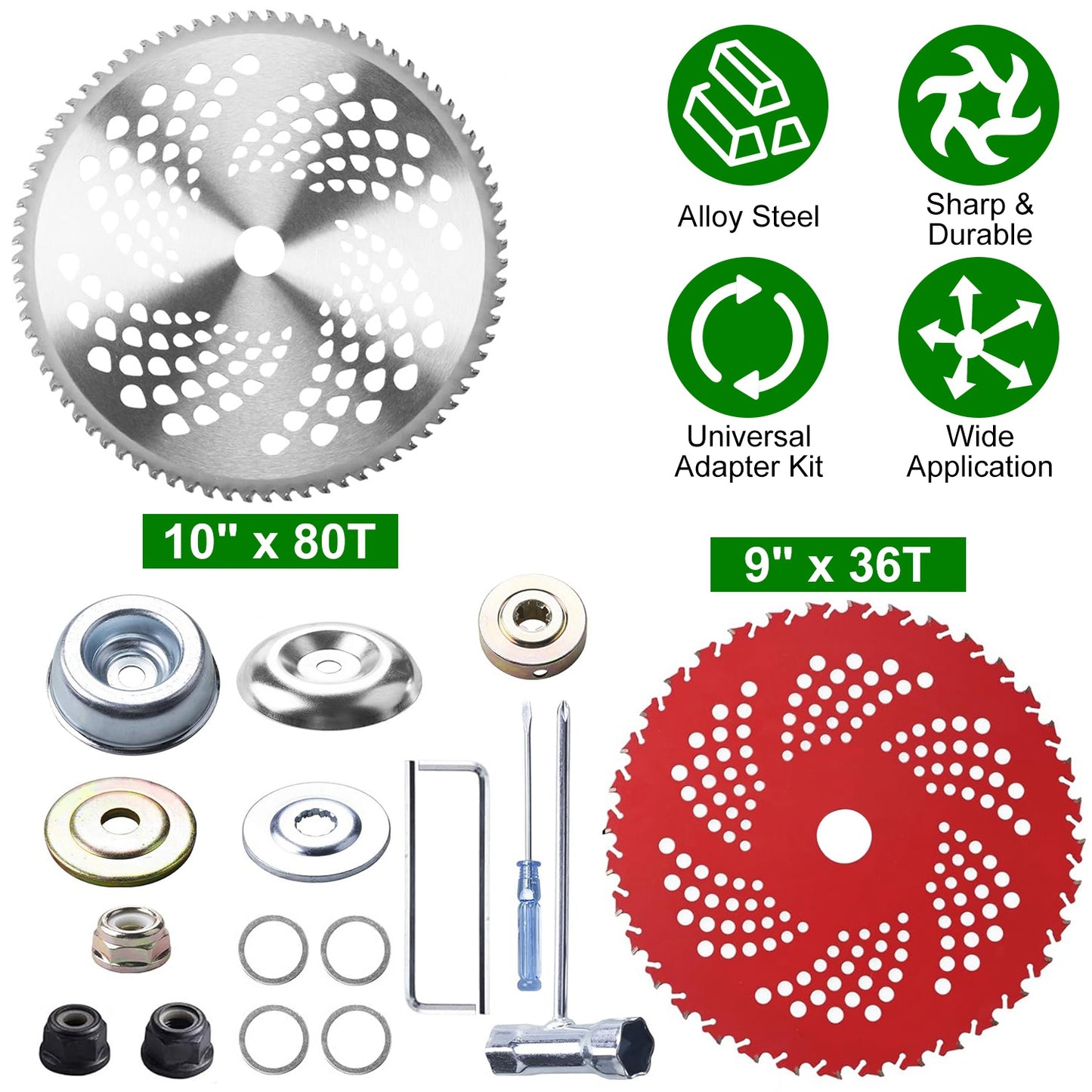 10" X 80T 9" 36T Carbide Tip Brush Cutter Blades With Universal Adapter Kit All