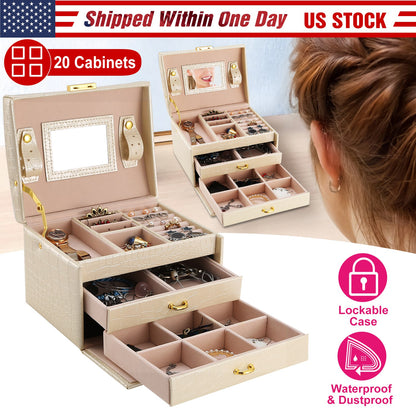 Jewelry Case Organizer 3-Layer Lockable Travel Box Pu Leather Storage Display W