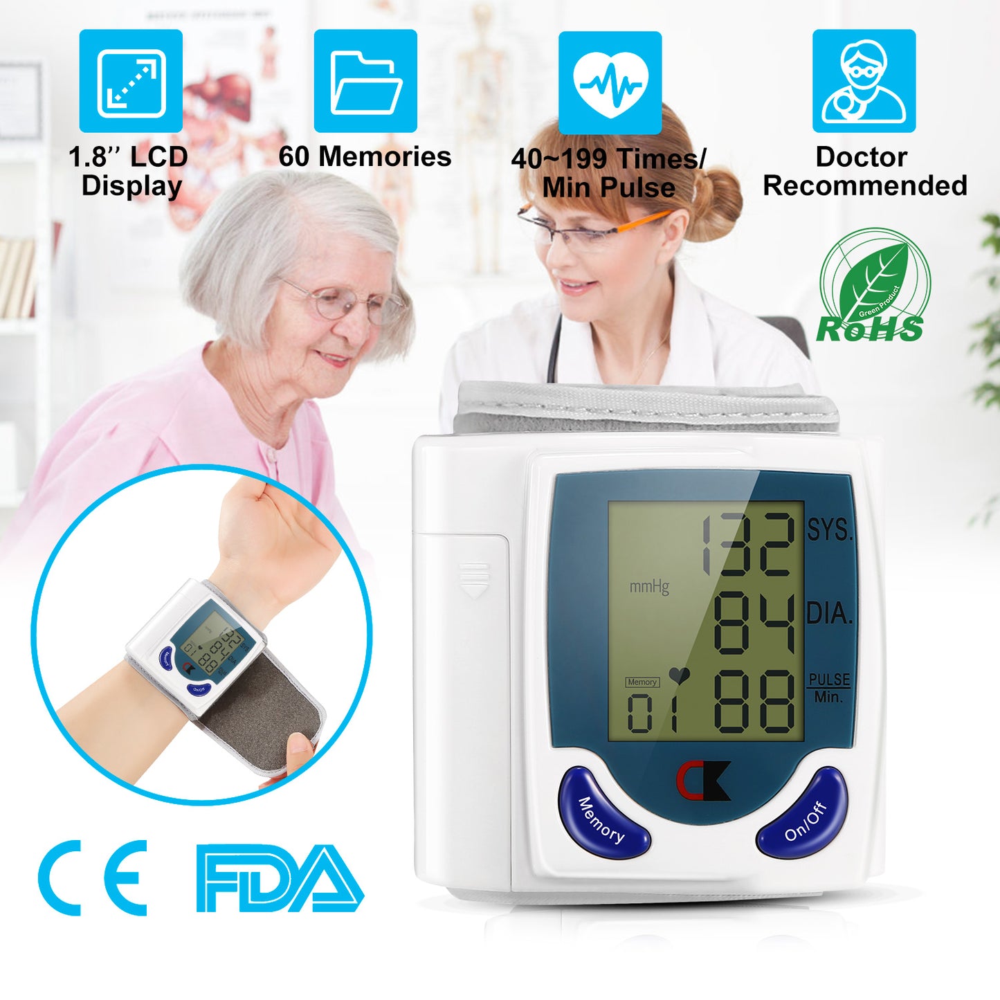 Blood Pressure Monitor Wrist Digital High Cuff Heartbeat Tester W/ 60 Reading M