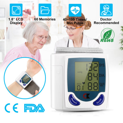Blood Pressure Monitor Wrist Digital High Cuff Heartbeat Tester W/ 60 Reading M