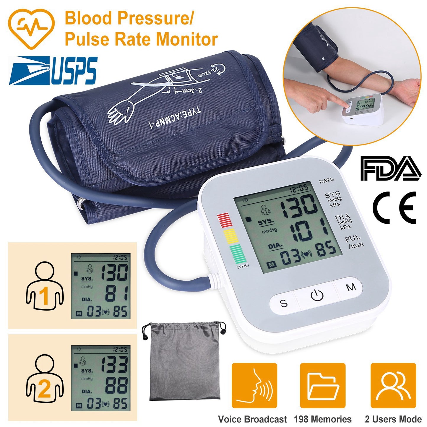 Digital Arm Blood Pressure Monitor Lcd Heart Beat Bp Gauge Health Test W/Voice
