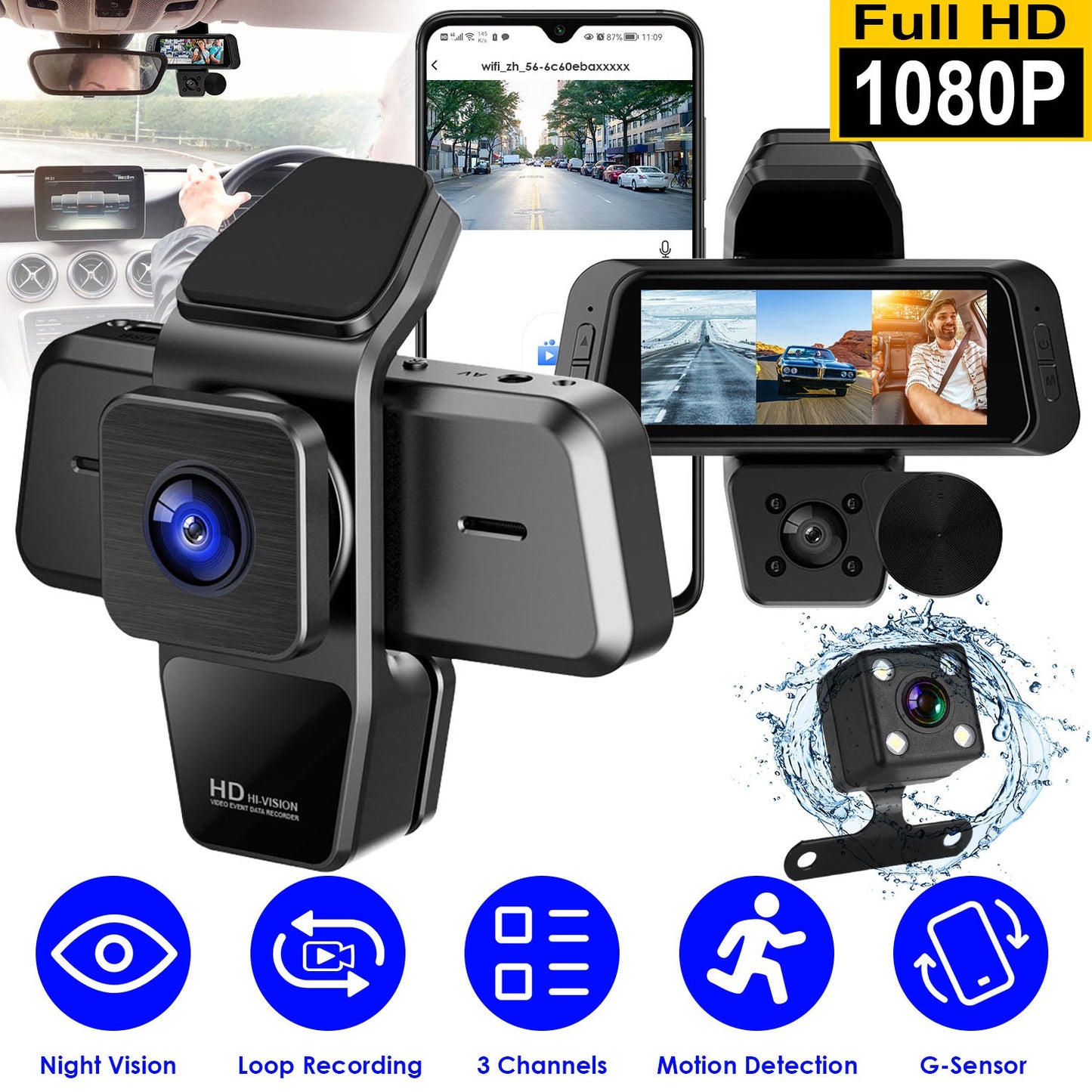1080P Fhd 3 Channel Wifi Dash Cam 170° Wide Angle Triple Car Camera With Ir Nig
