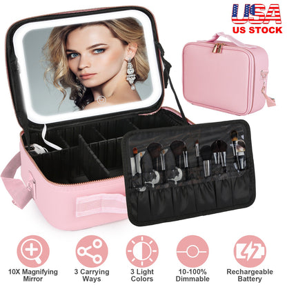 Travel Makeup Bag With Led Mirror Case Organizer 3 Light Colors Adjustable Divi