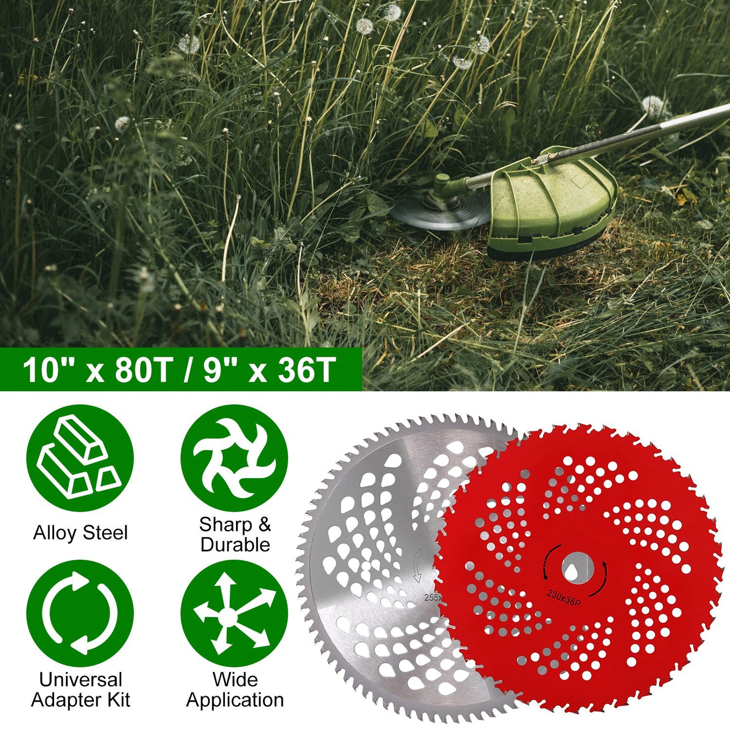 10" X 80T 9" 36T Carbide Tip Brush Cutter Blades With Universal Adapter Kit All