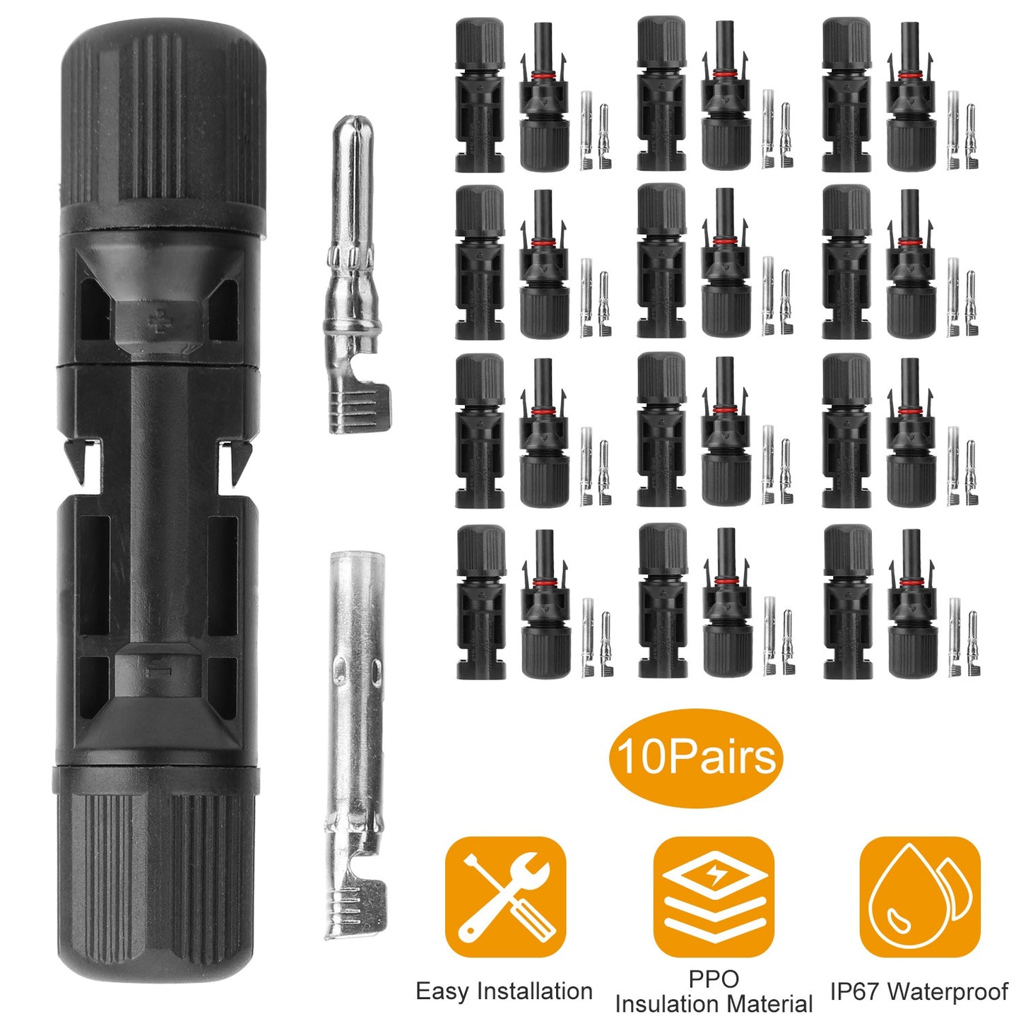 10 Pairs Solar Panel Connectors Wire Adapter Male/Female Ip67 Waterproof Connec