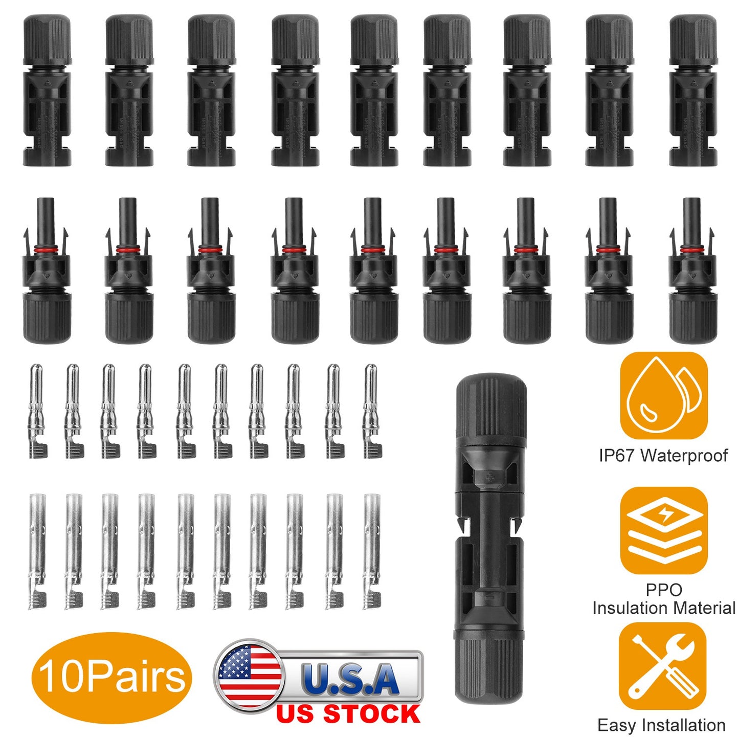 10 Pairs Solar Panel Connectors Wire Adapter Male/Female Ip67 Waterproof Connec