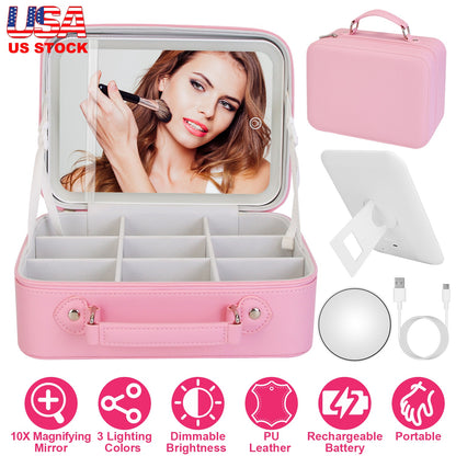 Travel Makeup Bag With 3 Light Colors Dimmable Brightness Led Mirror Detachable