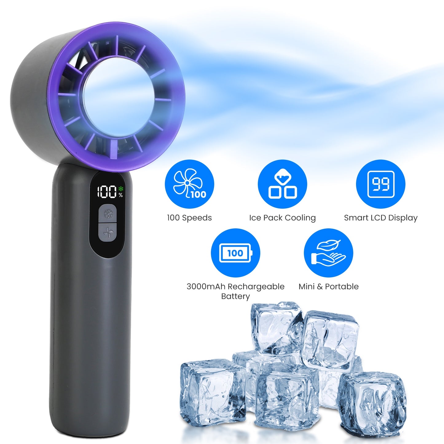 100 Speed Handheld Fan With Ice Cooler High Turbo 3000Mah Rechargeable Hand Lcd