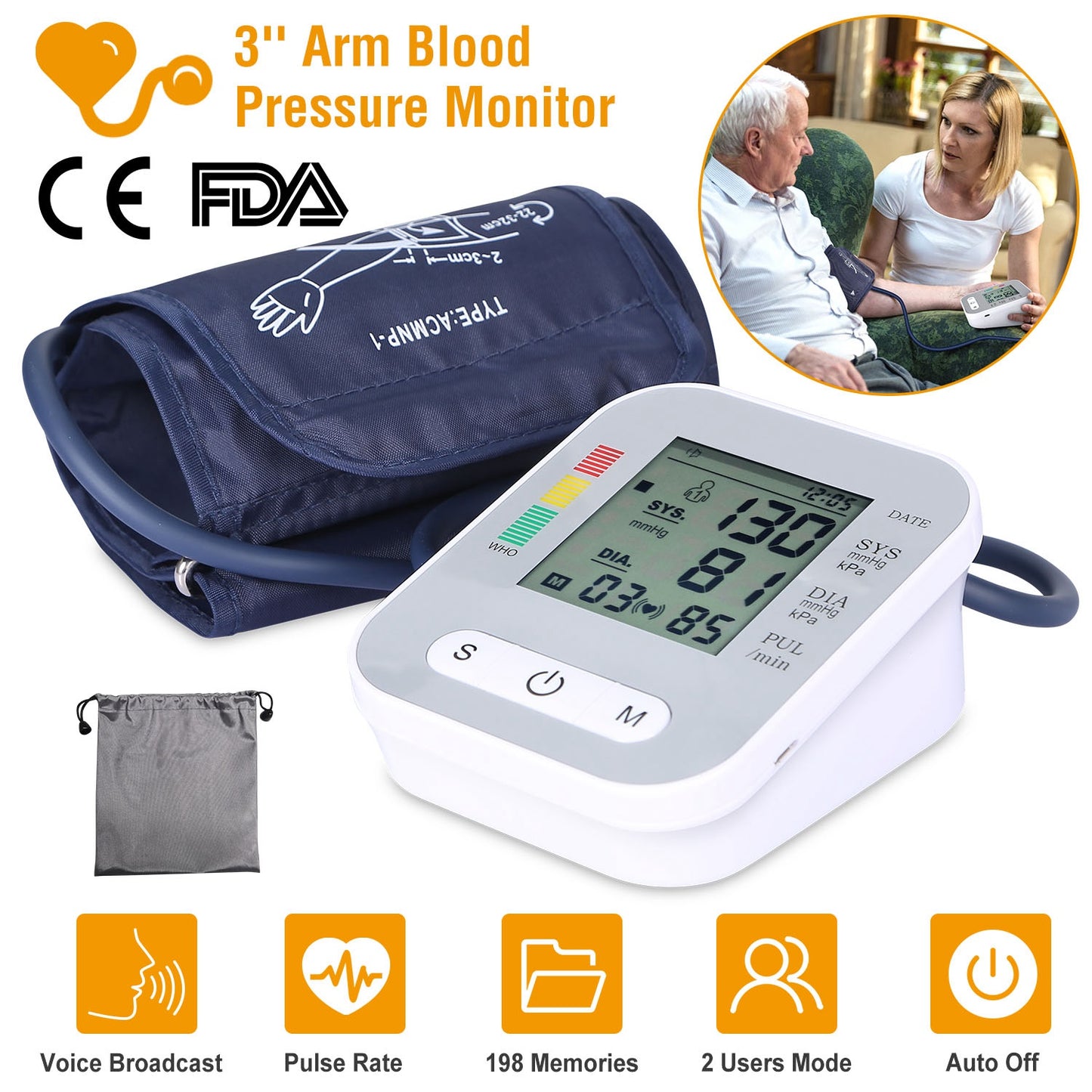 Digital Arm Blood Pressure Monitor Lcd Heart Beat Bp Gauge Health Test W/Voice