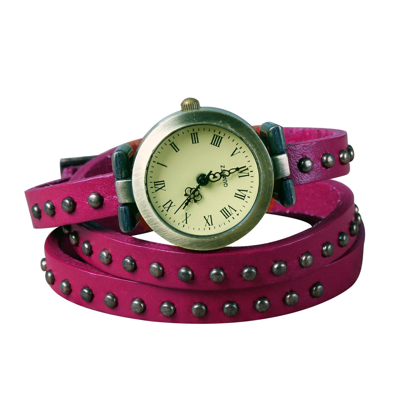Fashionable Rivet Leather Belt Retro Watch Hand Chain-Pink Co
