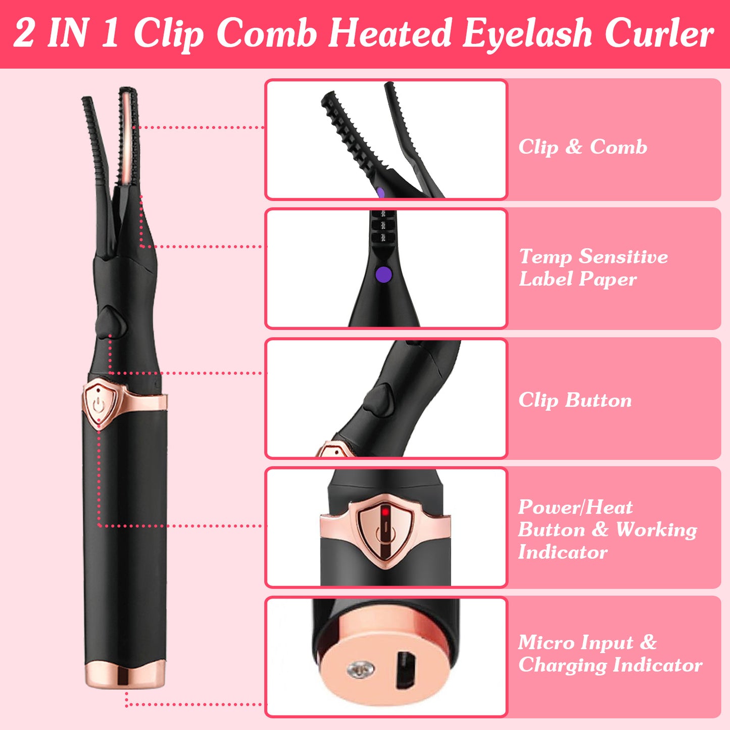 2 In 1 Clip Comb Heated Eyelash Curler Electric Mini Lash Natural Eye Makeup To