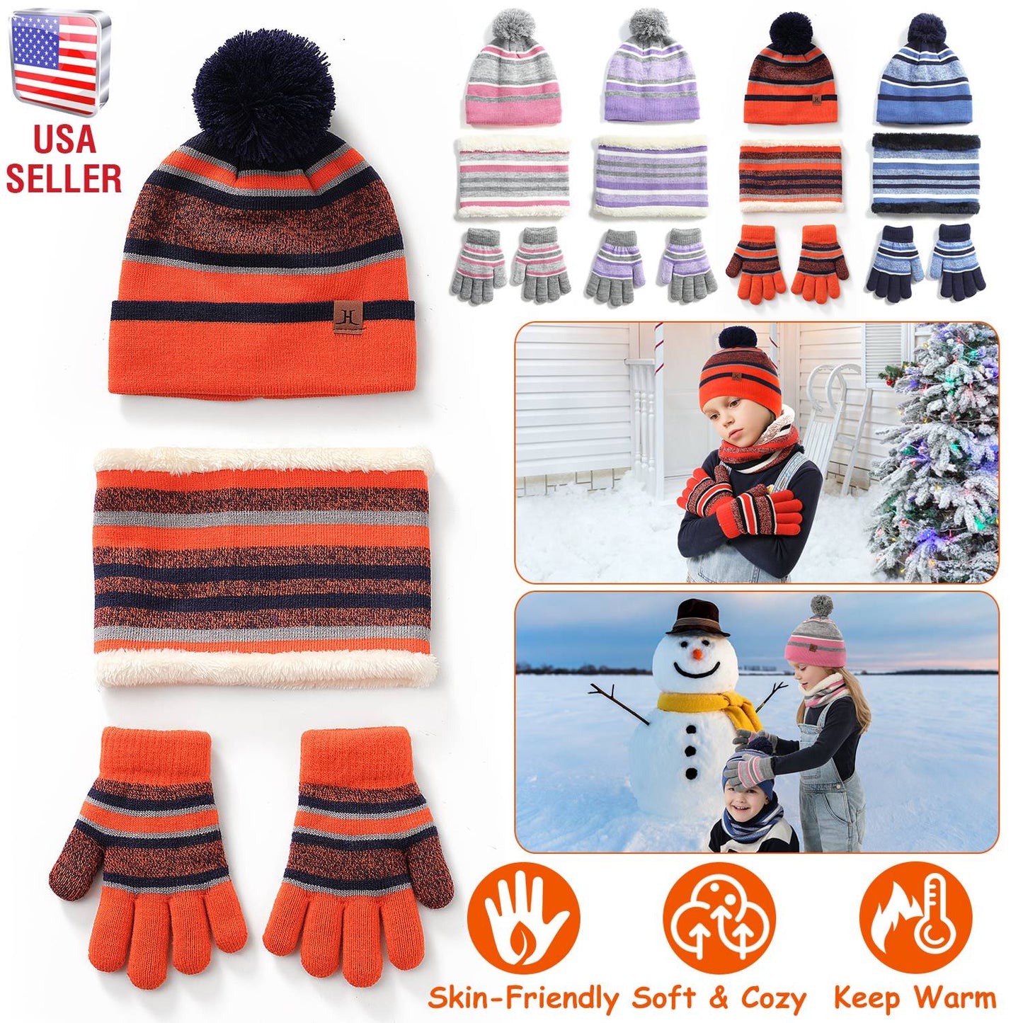 Winter Kids Knitted Hat Scarf Gloves 3Pcs Boys Girls Warm Beanie And Glove Set
