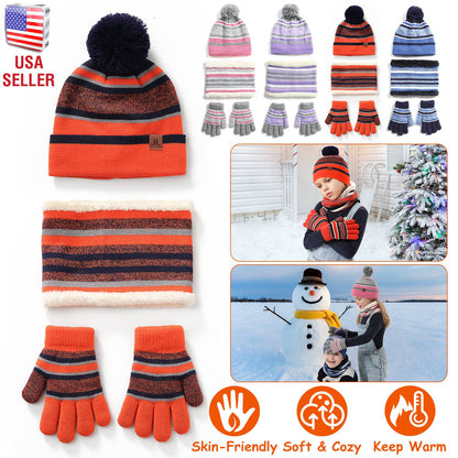 Winter Kids Knitted Hat Scarf Gloves 3Pcs Boys Girls Warm Beanie And Glove Set