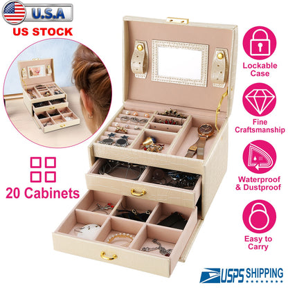 Jewelry Case Organizer 3-Layer Lockable Travel Box Pu Leather Storage Display W