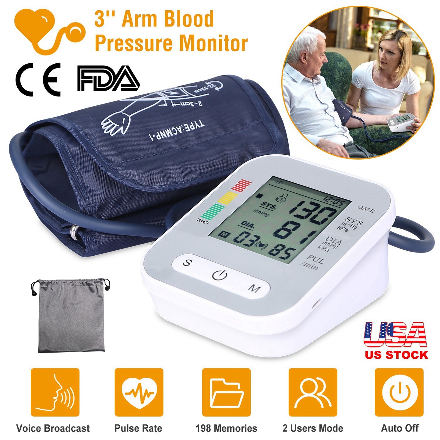 Digital Arm Blood Pressure Monitor Lcd Heart Beat Bp Gauge Health Test W/Voice