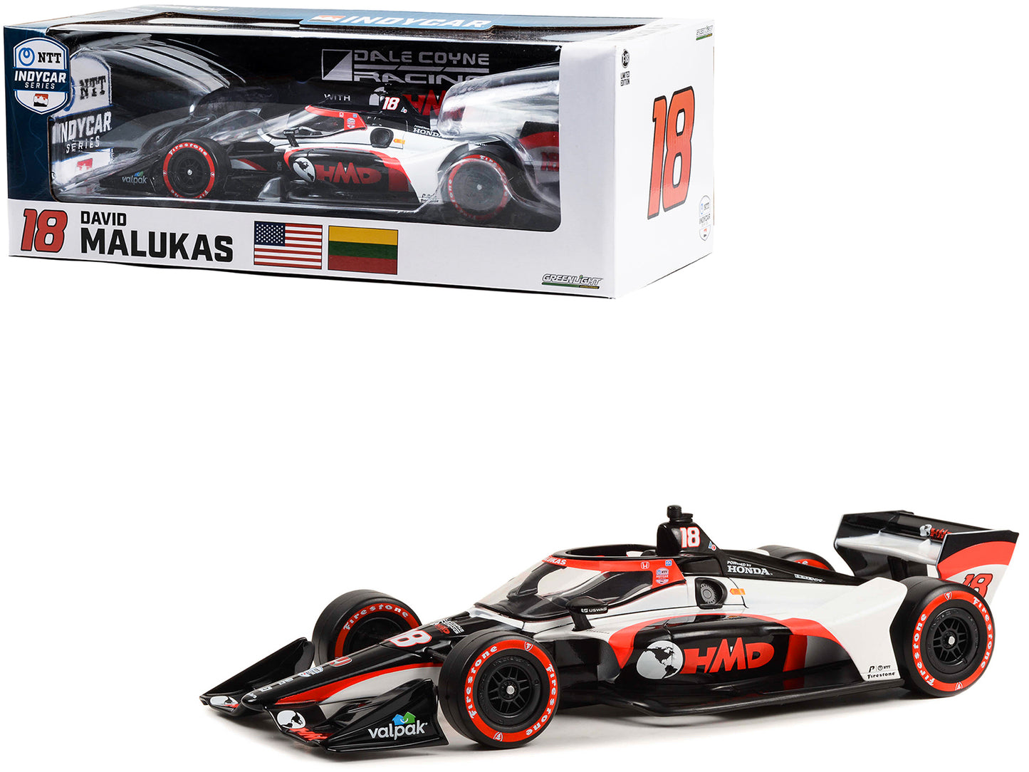 GreenLight Dallara IndyCar #18 David Malukas "HMD Trucking" Dale Coyne Racing with HMD Motorsports (Road Course Configuration) "NTT Series" (2023) 1/18 Diecast Model Car by <h2>Dallara Greenlight</h2>